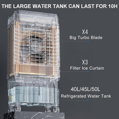  Refroidisseur D’air Évaporatif Portable, 40–50L Refroidissement Par Eau Avec Télécommande, Swamp Cooler 3 Vitesses, Minuterie 12H, Oscillation 120° Pour Garage Et Pièce(80x49x35cm)