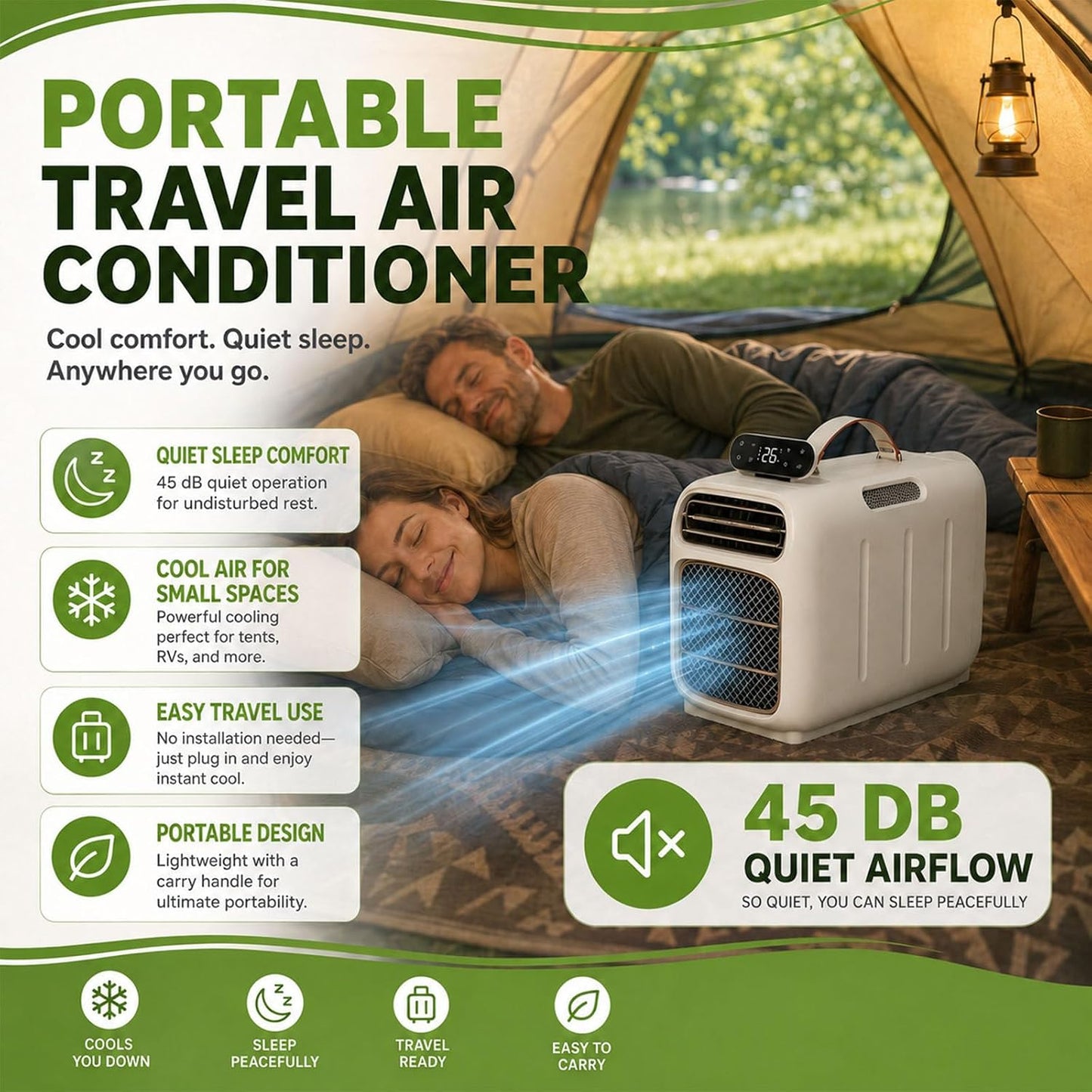  4700BTU Portable AC Pour VR, Tentes, Camping-Cars, 4-en-1 Chauffage De Refroidissement Déshumidifiant, Calme 45dB, Climatiseur Mobile Compact Pour Petits Espaces, 86-108 Pieds Carrés
