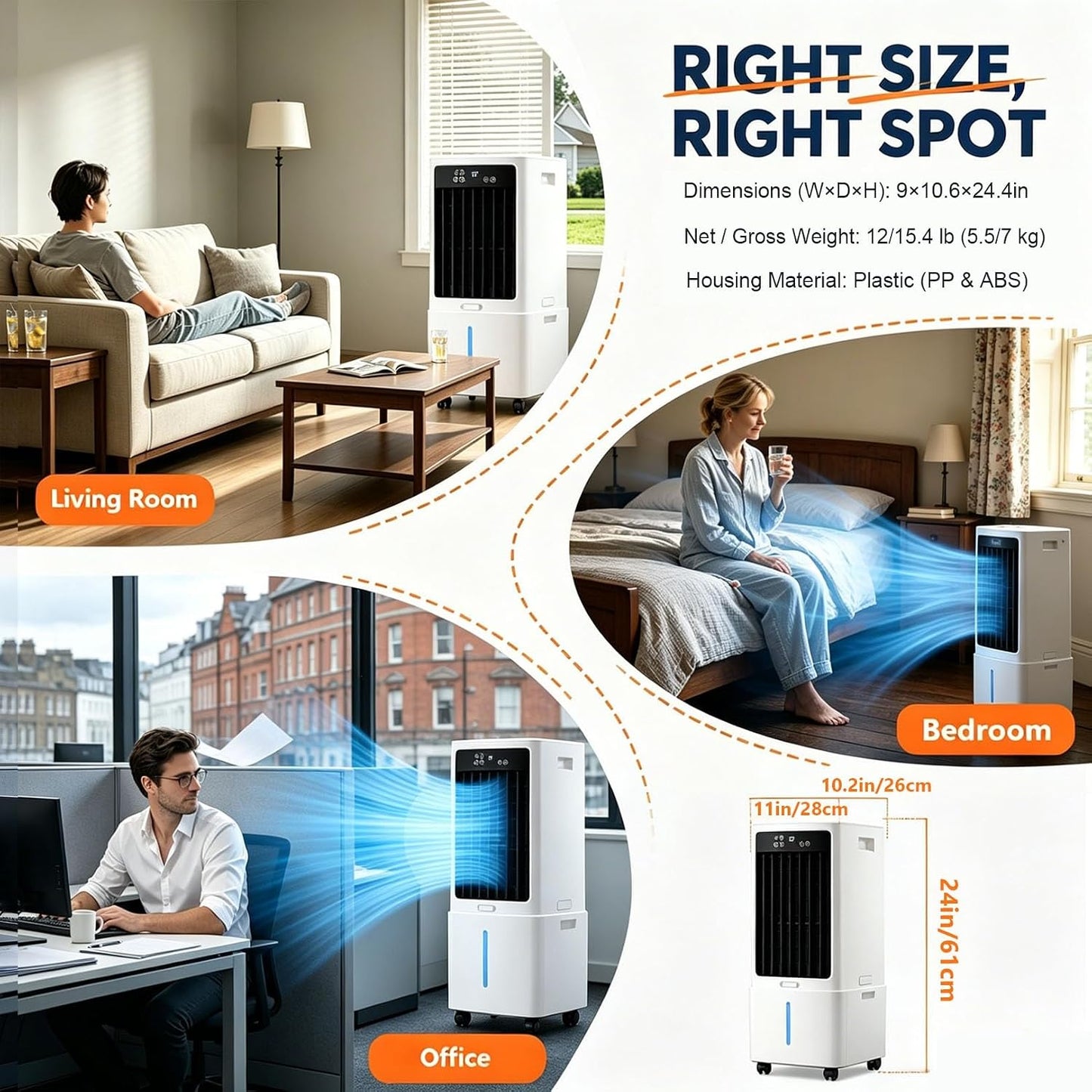 GENERIC Refroidisseur D'air Par évaporation Portable, Réservoir De 12 L, Refroidissement Rapide Par Rideau D'eau 588 CFM, Ventilateur à 3 Vitesses, Climatisation Sans Fenêtre, Télécommande Pivotante à 120°