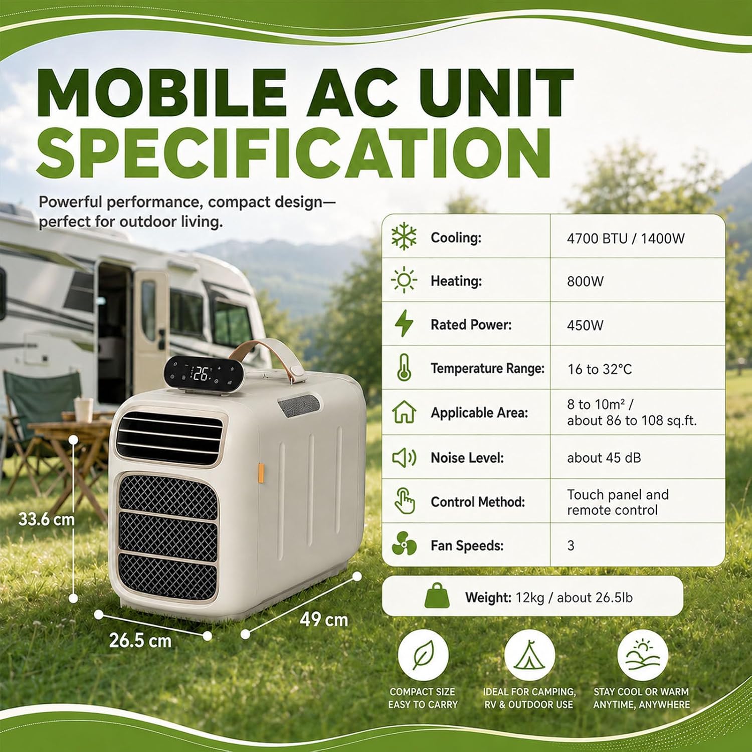  4700BTU Portable AC Pour VR, Tentes, Camping-Cars, 4-en-1 Chauffage De Refroidissement Déshumidifiant, Calme 45dB, Climatiseur Mobile Compact Pour Petits Espaces, 86-108 Pieds Carrés