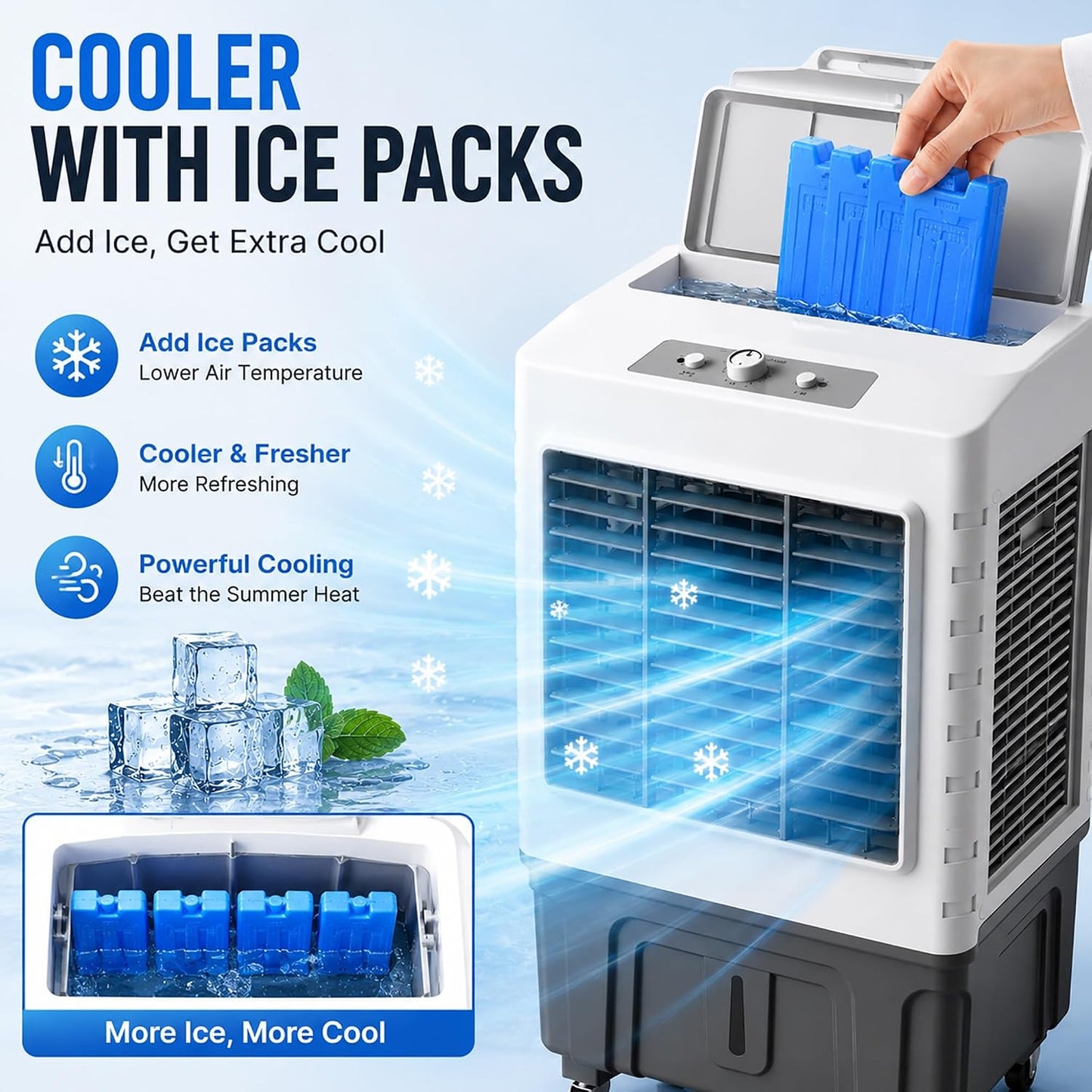  Refroidisseur D’air Évaporatif Portable 55L, Swamp Cooler Avec 3 Vitesses De Refroidissement, Oscillation 120°, 8 Packs De Glace, Climatiseur Pour Chambre Bureau Garage