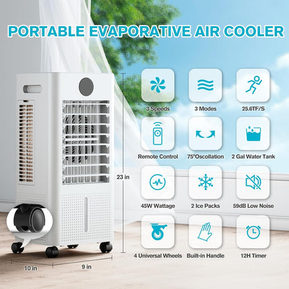  Climatiseur Portable Sans Fenêtre, Refroidisseur De Marais 3 En 1 Sans Canaux Avec Télécommande, Minuterie De 12 Heures Et Réservoir De 1 Gallon, 3 Modes, 2 Vitesses, Refroidisseur D'air