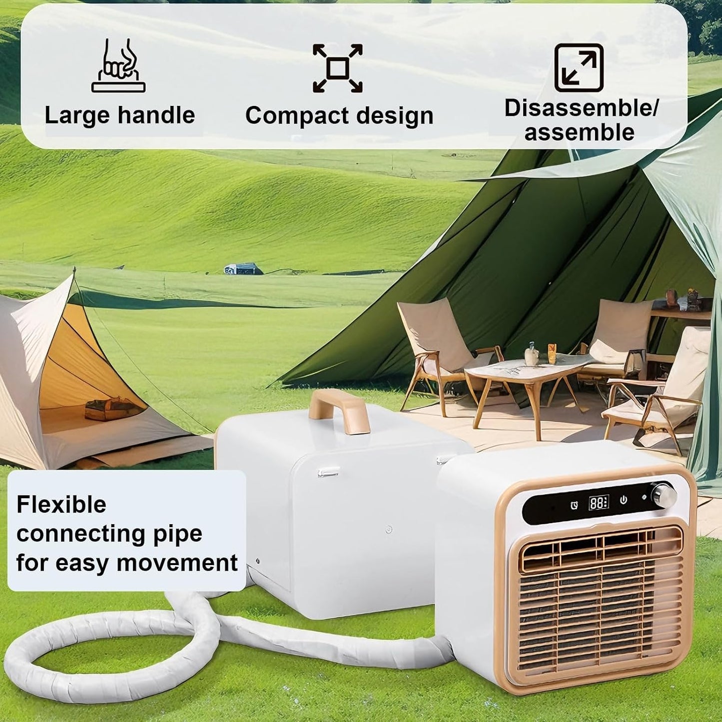  Climatiseur Portable Split, 1500W Unité Alternative Silencieuse Pour Tente RV, Télécommande WiFi, Minuterie 12H, Conception Légère Sans Tuyau, 40dB Refroidissement à Faible Bruit Avec Filtre Rafraîchi