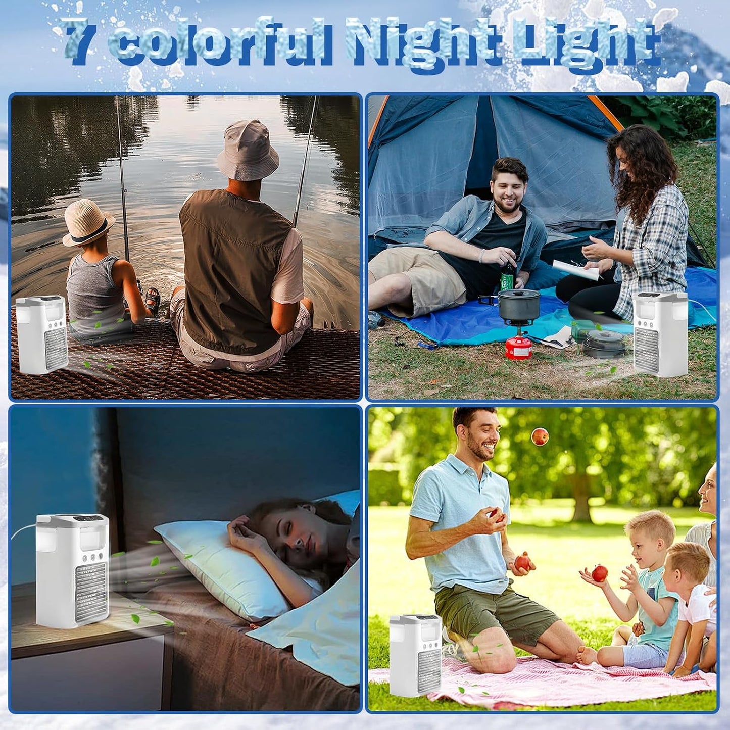  Climatisation Petit Climatiseur Mobile Portable Avec Batterie, Veilleuse 4 En 1 7 Couleurs, 3 Vitesses Et 3 Modes De Brouillard