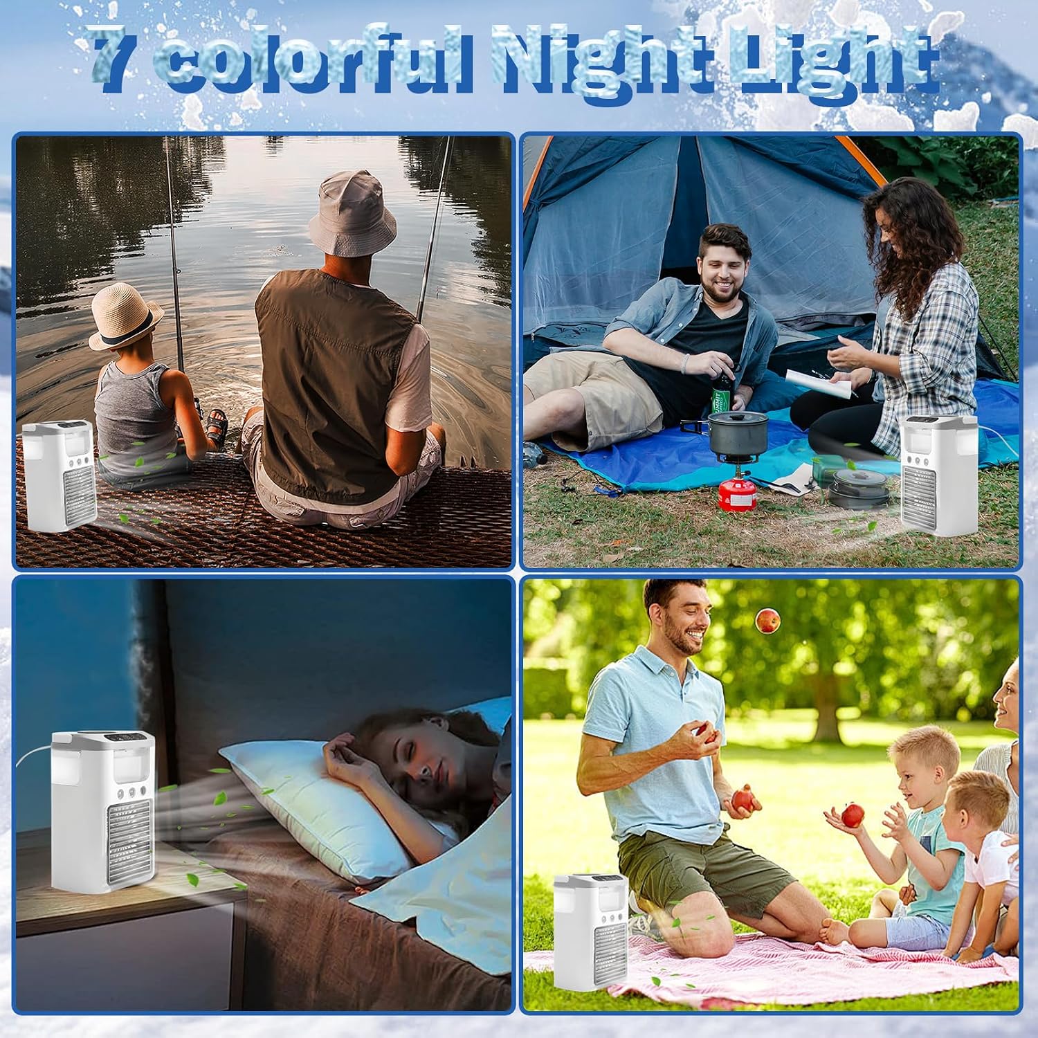  Climatisation Petit Climatiseur Mobile Portable Avec Batterie, Veilleuse 4 En 1 7 Couleurs, 3 Vitesses Et 3 Modes De Brouillard