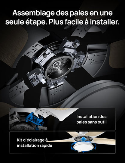  DREO Ventilateur De Plafond Intelligent à Profil Bas Avec Lumière 132 Cm, LED Dimmable à Température De Couleur Réglable, éclairage D’ambiance RGB, Moteur CC Silencieux, Installation Facile, Blanc，APP