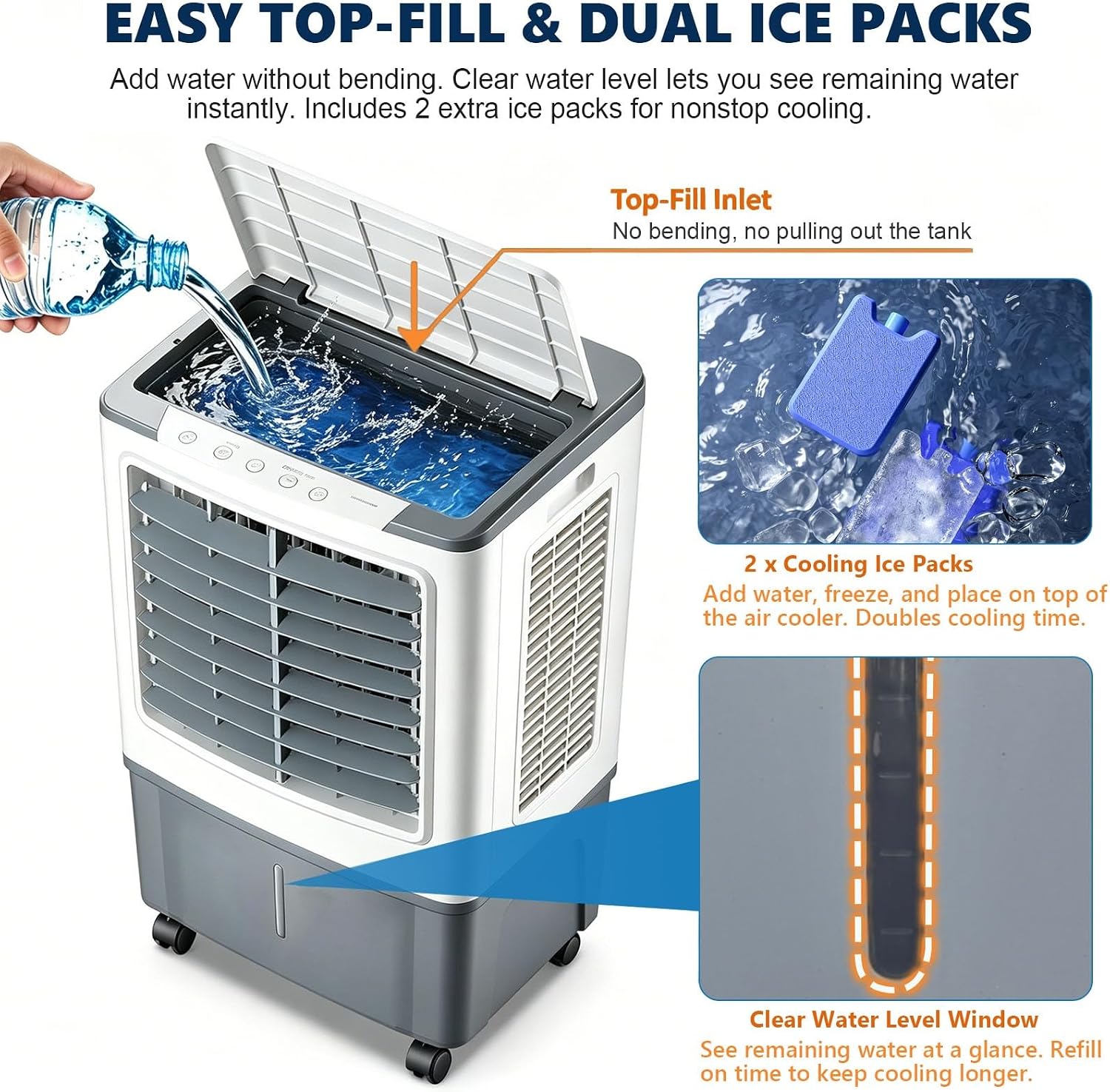 GENERIC Refroidisseur D'air Et Ventilateur Portables 3 En 1, Oscillation 120°, Roulettes 360°, Réservoir 20 L, 3 Vitesses, Rideau D'eau 1177 CFM, Sans Fenêtre, 80 W, For Chambre à Coucher, Bureau à Domicile