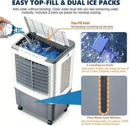 GENERIC Refroidisseur D'air Et Ventilateur Portables 3 En 1, Oscillation 120°, Roulettes 360°, Réservoir 20 L, 3 Vitesses, Rideau D'eau 1177 CFM, Sans Fenêtre, 80 W, For Chambre à Coucher, Bureau à Domicile