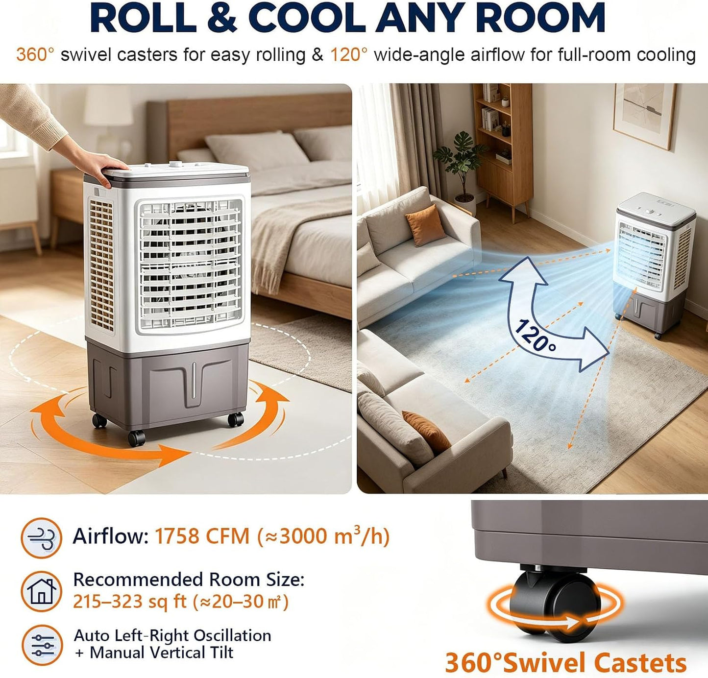 GENERIC Refroidisseur D'air Et Ventilateur 3 En 1, Réservoir De 30 L, Débit D'air De 1 758 CFM, Oscillation à 120°, Roues Lisses à 360°, 3 Vitesses De Ventilateur, For Chambre, Terrasse Et Appartement