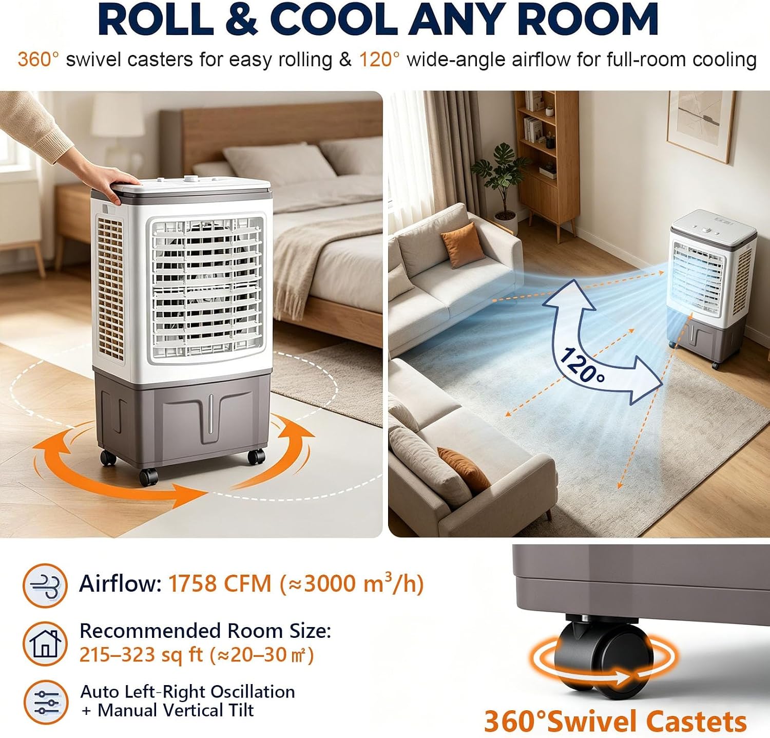 GENERIC Refroidisseur D'air Et Ventilateur 3 En 1, Réservoir De 30 L, Débit D'air De 1 758 CFM, Oscillation à 120°, Roues Lisses à 360°, 3 Vitesses De Ventilateur, For Chambre, Terrasse Et Appartement