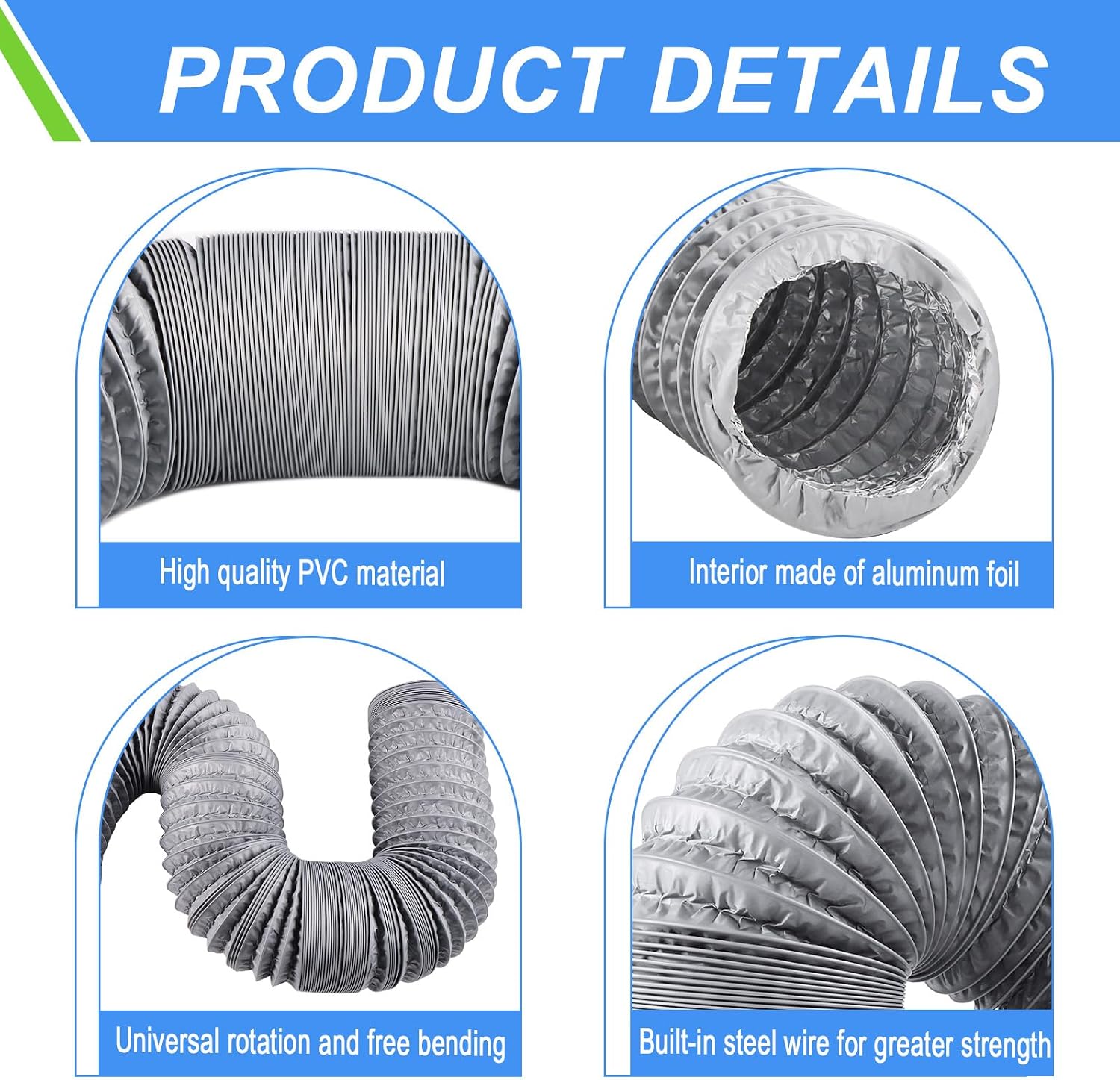  Tuyau Ventilation PVC 100mm Pour Hotte Aspirante 3m Flexible Tuyau D'Evacuation Avec 2 Colliers De Serrage Et 1 Adhésif Aluminium Pour Climatisation Extracteur D'Air Ventilateur Tubulair Gris