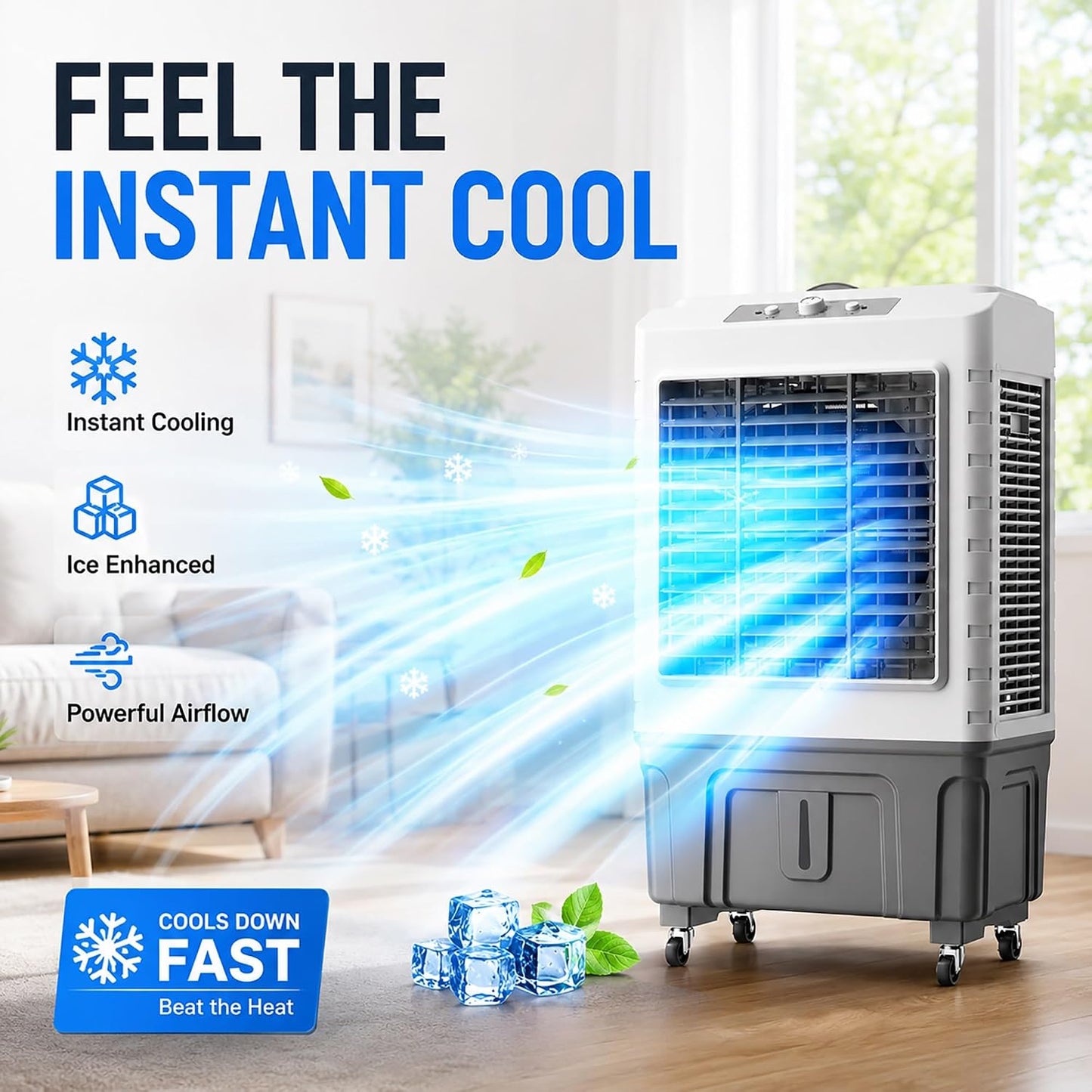  Refroidisseur D’air Évaporatif Portable 55L, Swamp Cooler Avec 3 Vitesses De Refroidissement, Oscillation 120°, 8 Packs De Glace, Climatiseur Pour Chambre Bureau Garage