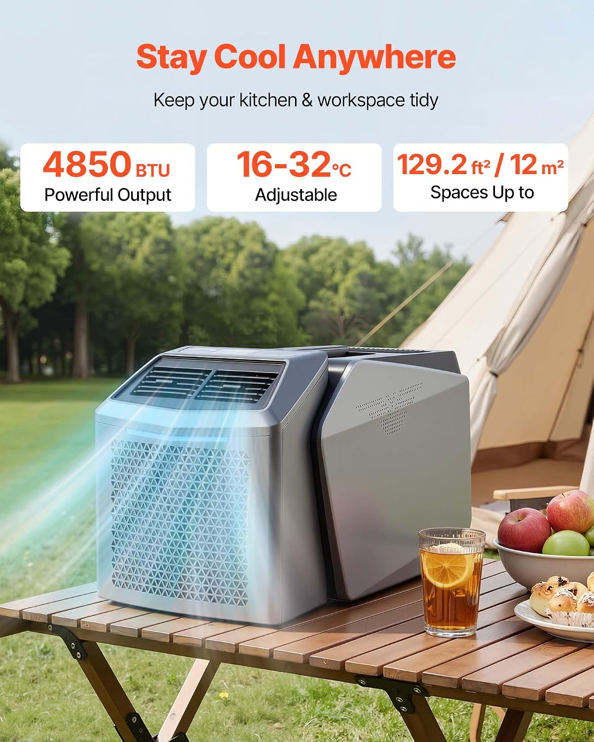  VEVOR Climatiseur Portable Pour Camping 4850 BTU, Climatiseur Mobile Split à Double Tuyau Pour Tente Et Camping-car, Avec Télécommande, Température Réglable 16-32 ℃, Débit D'Air 200 M³/h, Gris Foncé
