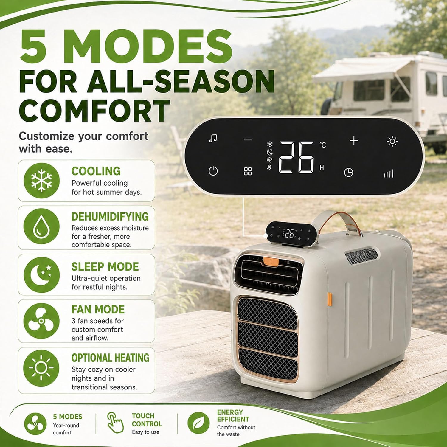  4700BTU Portable AC Pour VR, Tentes, Camping-Cars, 4-en-1 Chauffage De Refroidissement Déshumidifiant, Calme 45dB, Climatiseur Mobile Compact Pour Petits Espaces, 86-108 Pieds Carrés