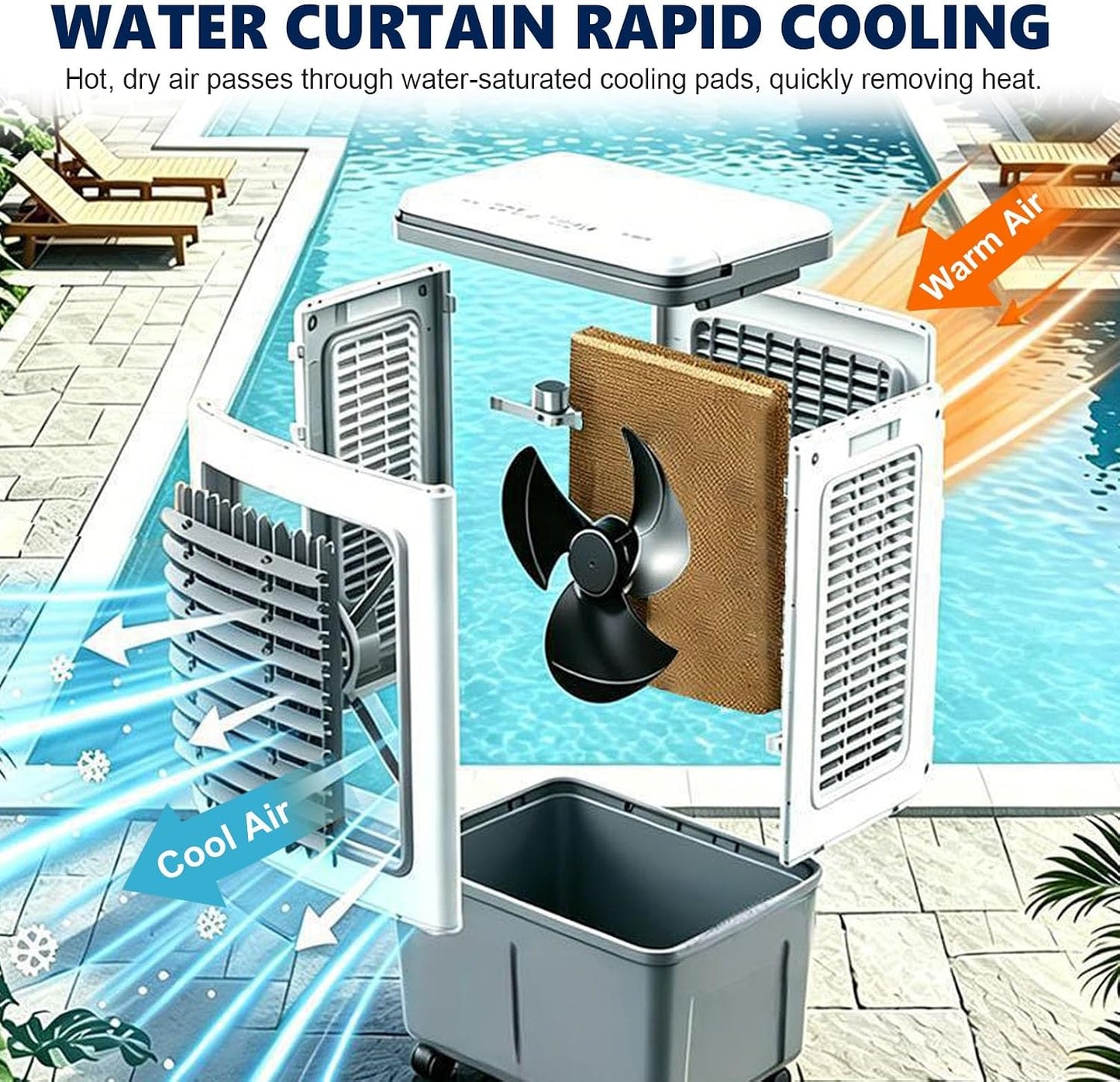 GENERIC Refroidisseur D'air Et Ventilateur Portables 3 En 1, Oscillation 120°, Roulettes 360°, Réservoir 20 L, 3 Vitesses, Rideau D'eau 1177 CFM, Sans Fenêtre, 80 W, For Chambre à Coucher, Bureau à Domicile