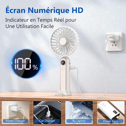  Mini Ventilateur Portable, 6 Vitesses Ventilateur Portable A Main USB Rechargeable, Affichage LCD, Silencieux, Petit Ventilateur De Poche Pliable Pour Voyage, Bureau, Maison, Extérieur