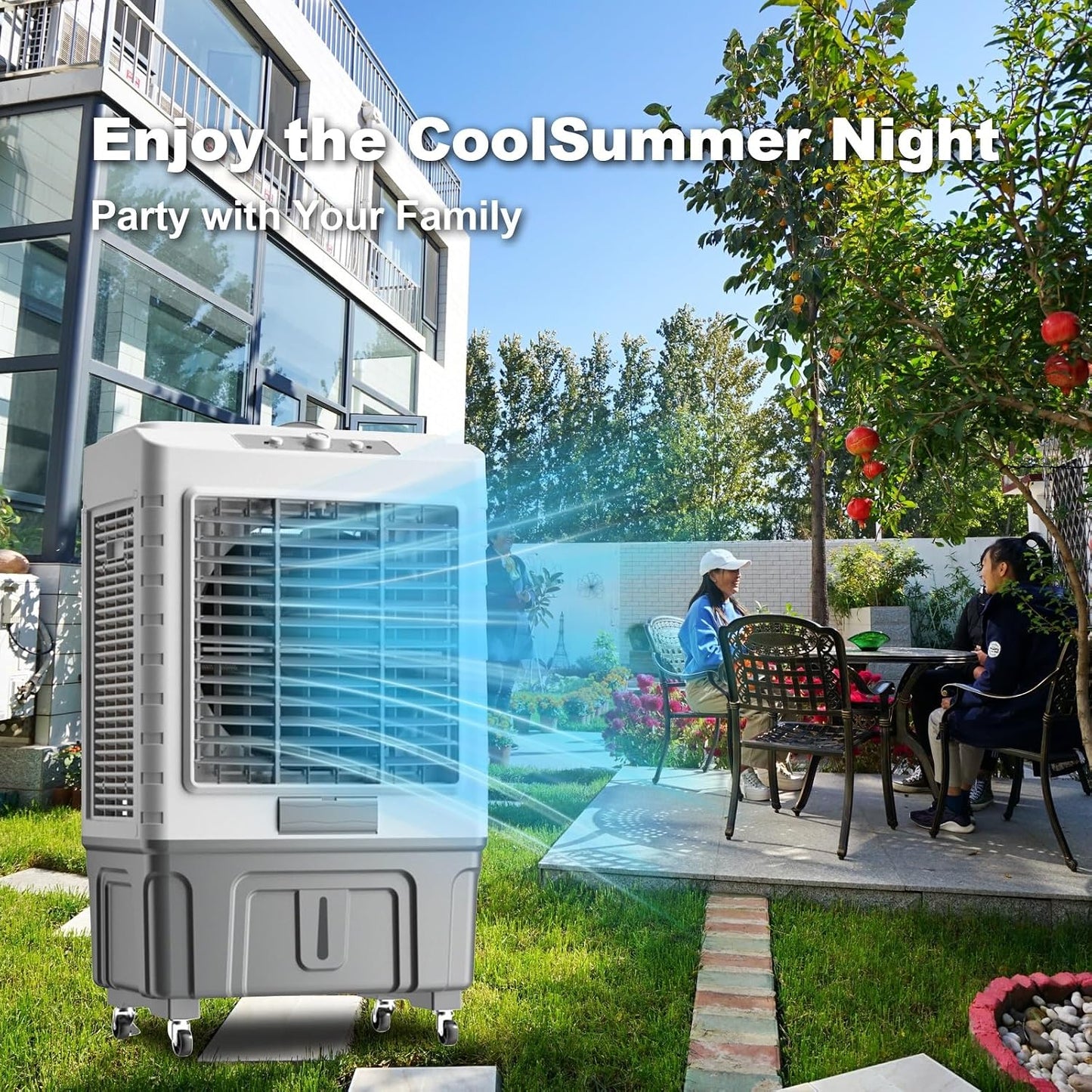  Climatiseur évaporatif Portable Avec Réservoir D'eau De 55 Litres, Oscillation à 120° Et 3 Vitesses Pour Rafraîchir Une Pièce, Une Terrasse Ou Un Garage.